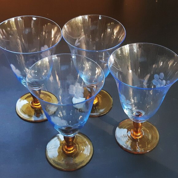 VTG Antique Thin Elegant Glass Azure Blue Goblet Amber Stem Set of 4 Etched Rare - Picture 1 of 14